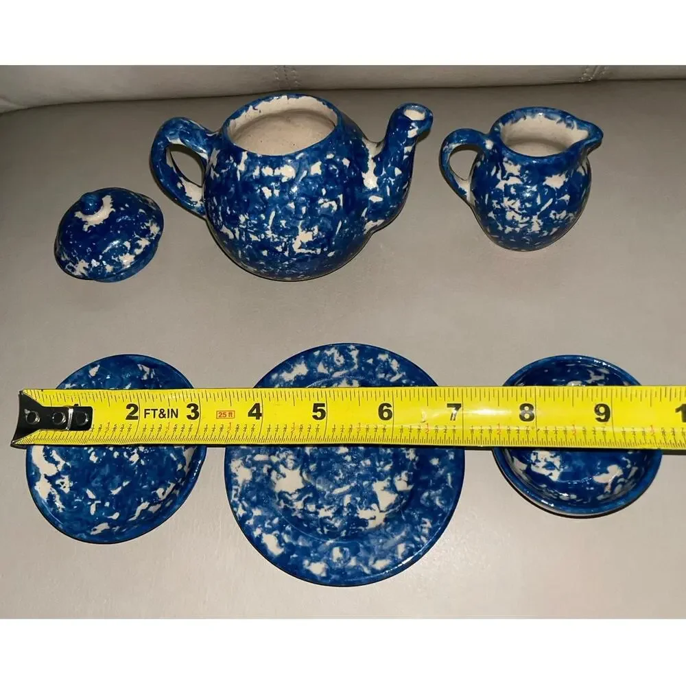 Rare 1987 Signed Barb Hall Miniature 5pc Blue Spongeware Tea Set 